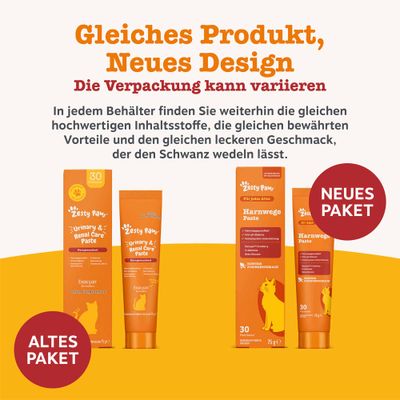 Fünf Sterne und Text: Geliebt von 380.000 Tierbesitzern, mit Bildern von Hunden und Katzen neben orangefarbenen Produkten.