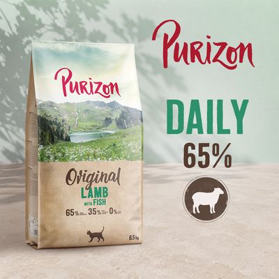 Purizon Original Lamb with Fish, DAILY 65%, 65% Lamm, 35% weitere Zutaten, 0% Getreide, 6,5 kg Beutel, Abbildung eines Schafs und einer Katze.