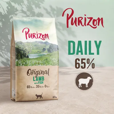 Purizon Original Lamb with Fish, DAILY 65%, 65% Lamm, 35% weitere Zutaten, 0% Getreide, 6,5 kg Beutel, Abbildung eines Schafs und einer Katze. Purizon Original Lamb with Fish, DAILY 65%, 65% Lamm, 35% weitere Zutaten, 0% Getreide, 6,5 kg Beutel, Abbildung eines Schafs und einer Katze.
