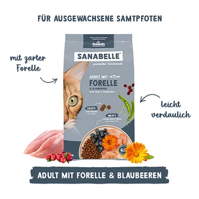 Sanabelle Adult mit Forelle & Blaubeeren, für ausgewachsene Katzen, mit zarter Forelle, leicht verdaulich, crispy und meaty Kroketten, Abbildung von Zutaten auf der Verpackung. Sanabelle Adult mit Forelle & Blaubeeren, für ausgewachsene Katzen, mit zarter Forelle, leicht verdaulich, crispy und meaty Kroketten, Abbildung von Zutaten auf der Verpackung.