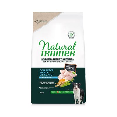 Natural Trainer Hundefutter, 2,5kg, mit weißem Fisch als Hauptzutat, Obst, Gemüse und unraffinierten Getreiden. Ohne Farbstoffe, Konservierungsstoffe und Zuckerzusatz. Für mittelgroße und große Hunde.