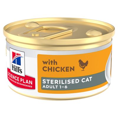 Hill's Science Plan Sterilised Cat Adult 1-6 met kip, blik met opschrift 'Aanbevolen door dierenartsen'.