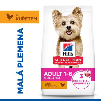 Hill's Science Plan Adult 1-6 Small & Mini do 10 kg, s kuřetem. Podporuje imunitu u malých dospělých psů. Bez umělých konzervantů, barviv a aromat.