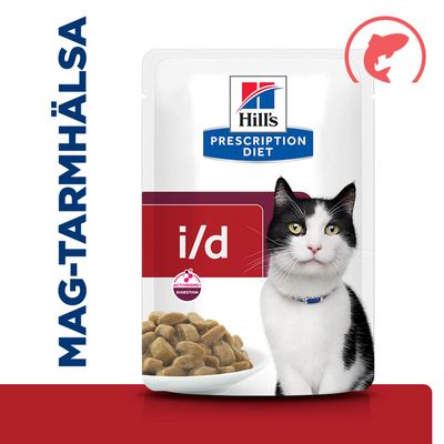 Hill's Prescription Diet i/d, Mag-tarmhälsa, ActiveBiome+ Digestion, kattmat med fiskbitar i sås.