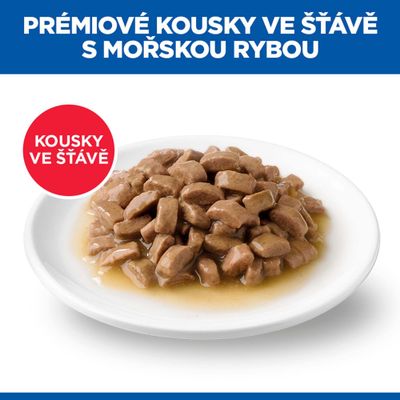 Miska s masovými kousky v omáčce. Text: Prémiové kousky v omáčce s mořskou rybou, kousky v omáčce.