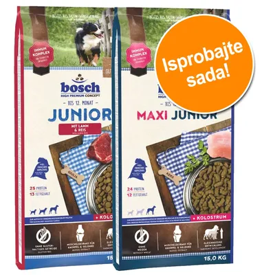 bosch Junior mit Lamm & Reis i bosch Maxi Junior pseća hrana, 15 kg pakiranja, vidljive oznake proteina i masti, narančasta naljepnica s tekstom 'Isprobajte sada!'.