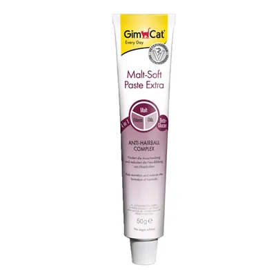Тюбик GimCat Malt-Soft Paste Extra 50 г, надписи: Malt, Fibres, Oils, Beta-Glucan, Anti-Hairball Complex, Veterinary recommended, без добавления сахара.