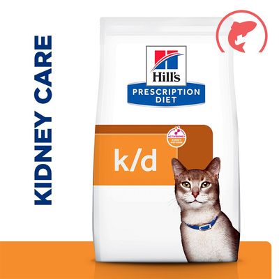 Hill's Prescription Diet k/d ACTIVBIOME+ Kidney Defense, MUNUAISTEN HOITO, kuva kissasta ja kalan symboli.