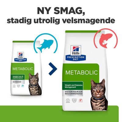 Hill's Prescription Diet Metabolic kattefoder, nyt emballagedesign med henvisning til ny smag. Vægt- og diabetesstyring, anbefalet af dyrlæger.