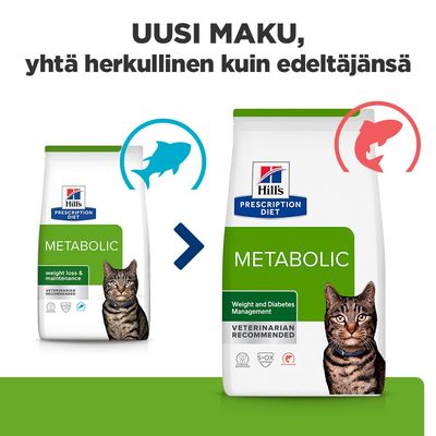 Hill's Prescription Diet Metabolic -kissanruoka, uusi ulkoasu ja maku, painonhallintaan ja diabeteksen hallintaan. Kaksi pakkausta kuvattu vertailun vuoksi.