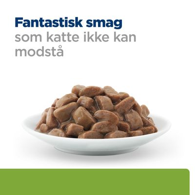 Skål med kødstrimler i sovs. Tekst: Fantastisk smag, som katte ikke kan modstå.