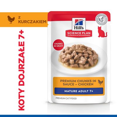 Hill's Science Plan Premium kawałki w sosie – kurczak, Mature Adult 7+, kawałki w sosie, dla kotów od 7. roku życia, z kurczakiem. Premiumowa karma dla kotów.