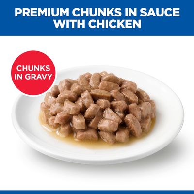 Premium Chunks v omaki s piščancem, Chunks v omaki prikazani na belem krožniku.