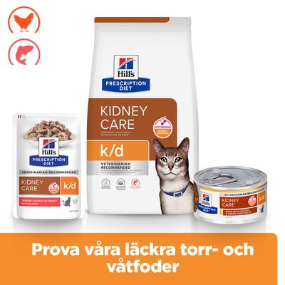 Hill's Prescription Diet Kidney Care k/d, torrfoder och våtfoder med kyckling och lax, rekommenderas av veterinärer, förpackningar med katt avbildad.