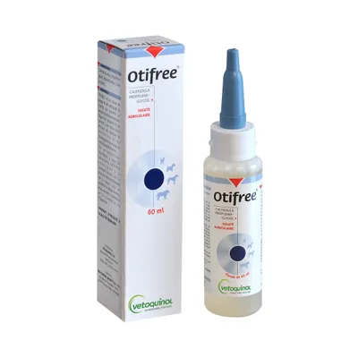 Flacon et boîte Otifree 60 ml, soluté auriculaire calendula propylene glycol, marque Vetoquinol. Texte visible : soluté auriculaire, flacon de 60 ml.