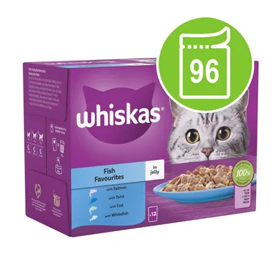 Whiskas Fish Favourites in jelly, 96 pouches. Includes salmon, tuna, cod and whitefish varieties. High quality ingredients. Portion size and feeding guide icons visible.