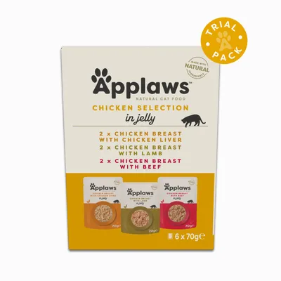 Applaws Chicken Selection in Jelly: 2x Chicken Breast with Liver, 2x Chicken Breast with Lamb, 2x Chicken Breast with Beef. Trial pack, 6x 70g. Applaws Chicken Selection in Jelly: 2x Chicken Breast with Liver, 2x Chicken Breast with Lamb, 2x Chicken Breast with Beef. Trial pack, 6x 70g.