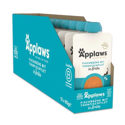 Applaws Kalaliemi tonnikalafileellä liemessä, 12 x 85 g, 100 % luonnolliset ainesosat, viljaton, Certified B Corporation.