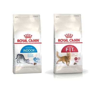 Dwie torby karmy Royal Canin: Regular Sterilised 37 i Feline Preference Savour Exigent. Niebieskie koło z napisem: Wypróbuj teraz.