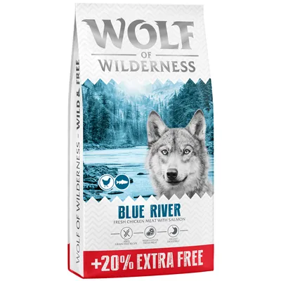 2,4 kg  kaupan päälle! 14,4 kg Wolf of Wilderness – viljaton - Blue River lohi uusi resepti