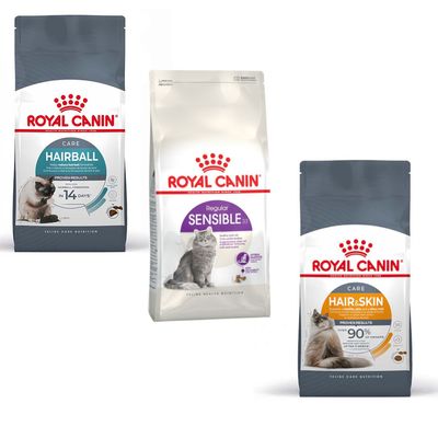 Royal Canin kattefoder, poser med teksten 'HAIR & SKIN', 'PROVEN RESULTS IN 21 DAYS', samt orange cirkel med 'Prøv nu!'. Kattegrafik på emballagen.