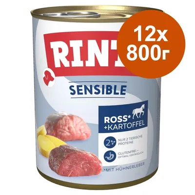 Консерва Rinti Sensible Ross + Kartoffel, 12×800 г. Видими парчета месо и картофи. Текст: само 2 животински протеина, без глутен, с пилешки дроб. Марка Rinti.