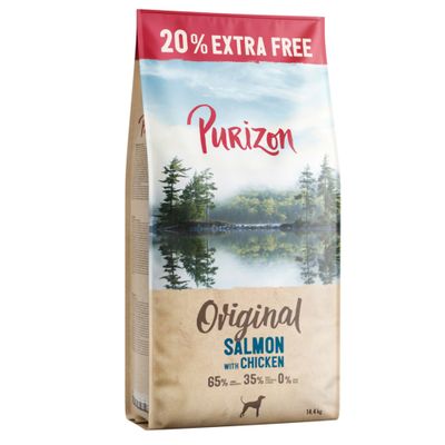 Purizon Lamb with Salmon kutyatáp, 14,4 kg. 20% extra free, 2,4 kg ingyen. 80% hús, 20% zöldség, 0% gabona. Adult dogs felirat látható a csomagoláson.