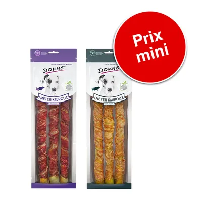 Deux paquets de friandises pour chien Dokas 1 Meter Kaurolle, variantes visibles : mit Ente et mit Huhn. Pastille rouge avec texte : Prix mini.