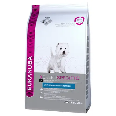 Eukanuba Breed Specific hrana za pse, West Highland White Terrier, 2,5 kg. Na pakiranju slika psa i tekst: reduces tartar build-up, adult 1+ years.
