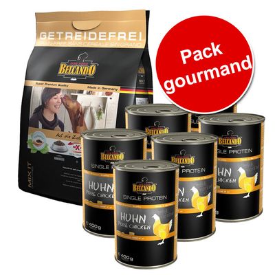 Pack gourmand Belcando : 1 sac croquettes Getreidefrei et 6 boîtes Huhn Pure Chicken Single Protein 400 g, mention « sans céréale » visible sur l’emballage.