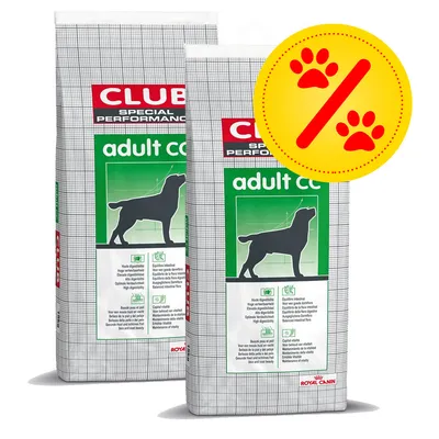 Dwa worki karmy CLUB Special Performance adult cc dla psów, Royal Canin. Widoczny symbol promocji: żółte koło z czerwonymi łapami i znakiem procentu.