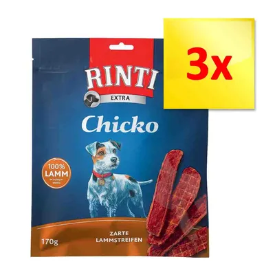 RINTI Extra Chicko 100% Lamm, 170 g, zarte Lammstreifen. Opakowanie z ilustracją psa i trzema paskami mięsa. Żółty znak z napisem 3x.