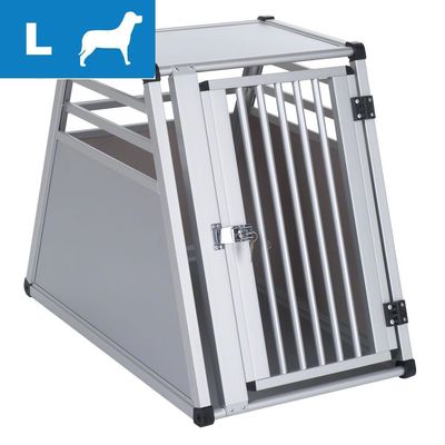 Metalowa klatka transportowa dla psa, rozmiar L, z drzwiczkami na zawiasach i kratką, konstrukcja aluminiowa widoczna na zdjęciu.