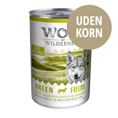 Wolf of Wilderness Green Fields dåse, 400 g. Tekst: 100% grain-free, UDEN KORN, Lamm mit Waldbeeren, Wurzeln und Wildkräutern, Lamb with fruits of the forest, roots and wild herbs.