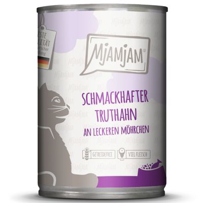 6 lattine MjAMjAM con testo in tedesco: Saftiges Hühnchen an Brokkoli, Ente und Guter Pute an Kürbis, Ente und Hühnchen an Möhrchen, Rind und Guter Pute an Kürbis, Wild e coniglio ai mirtilli, Huhn und Kaninchen an Kürbis.
