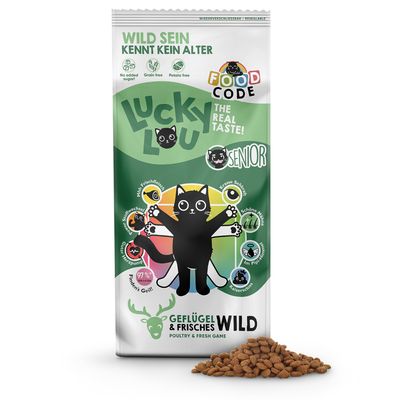 Lucky Lou The Real Taste! Senior, Geflügel & Frisches Wild. Sans pomme de terre, sans céréales, sans sucre ajouté. Texte en allemand et anglais sur l’emballage.