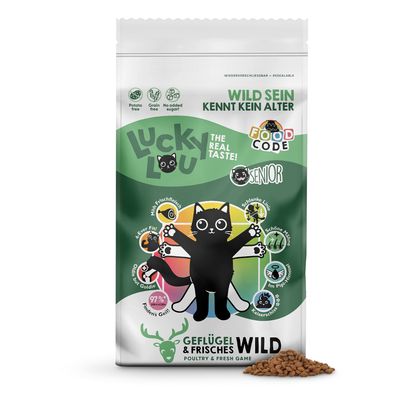 Lucky Lou Senior hrană pentru pisici, pasăre și vânat proaspăt, 97% ingrediente de origine animală, fără cereale, fără adaos de zahăr, ambalaj resigilabil.
