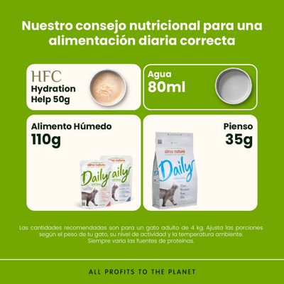 Cantidades recomendadas: HFC Hydration Help 50g, agua 80ml, comida húmeda 110g, pienso 35g por día para una alimentación equilibrada.