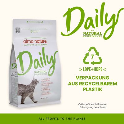 almo nature Daily mit natürlichen Zutaten, Thunfisch und Lachs. Verpackung aus recycelbarem LDPE+HDPE Plastik. Örtliche Vorschriften zur Entsorgung beachten.