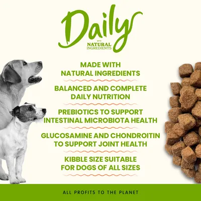 Daily med naturliga ingredienser. Balanserad daglig kost, prebiotika för tarmhälsa, glukosamin och kondroitin för leder, krokettstorlek för alla hundstorlekar. Daily med naturliga ingredienser. Balanserad daglig kost, prebiotika för tarmhälsa, glukosamin och kondroitin för leder, krokettstorlek för alla hundstorlekar.