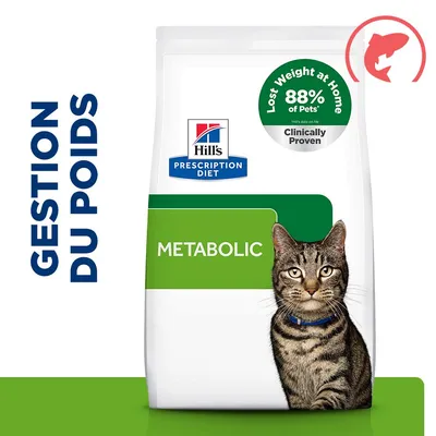 Hill's Prescription Diet Metabolic, GESTION DU POIDS, 88 % des animaux ont perdu du poids à la maison, cliniquement prouvé, illustration d'un chat sur l'emballage.