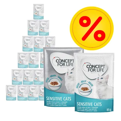Flera förpackningar Concept for Life Sensitive Cats våtfoder, 85 g, med synlig rabattmärkning (%-symbol). Text: sås, gelé. För känsliga katter från 1 år.