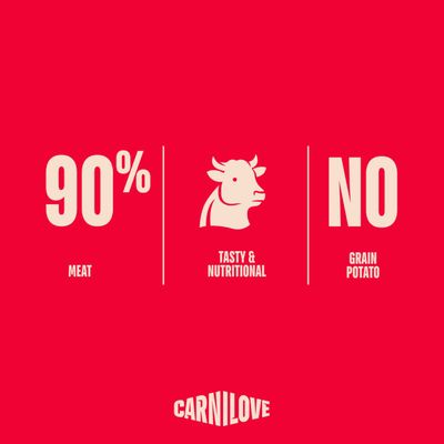 Carnilove: 90% Fleisch, schmackhaft und nahrhaft, kein Getreide oder Kartoffel enthalten.