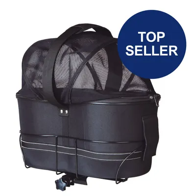 Schwarze Fahrradkorb-Tasche mit Netzabdeckung und Tragegriff. Blauer Kreis mit Text 'Top Seller'. Schwarze Fahrradkorb-Tasche mit Netzabdeckung und Tragegriff. Blauer Kreis mit Text 'Top Seller'.