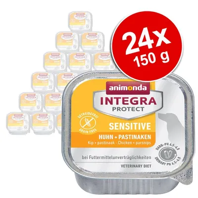 animonda Integra Protect Sensitive Huhn + Pastinaken, 24 x 150 g. Widoczny napis: Getreidefrei, Urinary pH 6,5–6,8, Veterinary Diet. Opakowania w tle, duże czerwone kółko z ilością.