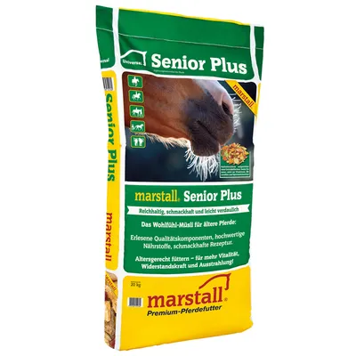 marstall Senior Plus, премиум храна за коне. Богата, вкусна и лесносмилаема. Мюсли за възрастни коне с висококачествени хранителни вещества. Подходяща за възрастта.