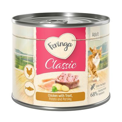 Feringa Classic Adult, boîte avec texte anglais : Chicken with Trout, Potato and Parsley, 68 % selected animal ingredients, sans céréales, image de chat et morceaux de viande.
