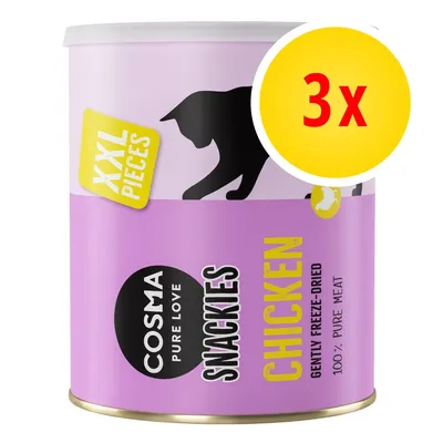 Cosma Pure Love Snackies Chicken, XXL Pieces, 100 % pure meat, lot de 3 boîtes, lyophilisé, texte en anglais visible sur l’emballage
