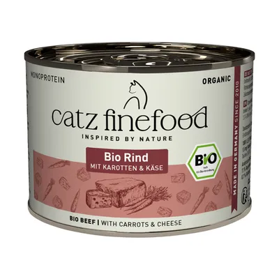 catz finefood Bio wołowina z marchewką i serem, monobiałkowa, znak ekologiczny BiO Siegel, wyprodukowana w Niemczech od 2010 roku, organiczna, bio wołowina z marchewką i serem
