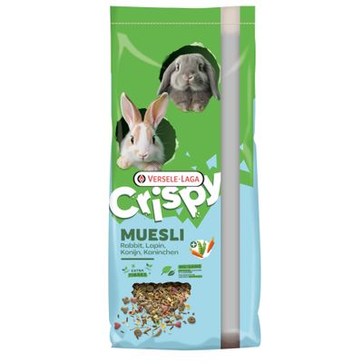 Versele-Laga Crispy Muesli kaneille, ekstra kuitua, ilman keinotekoisia väriaineita, näkyvissä porkkanan ja ruoan kuva.